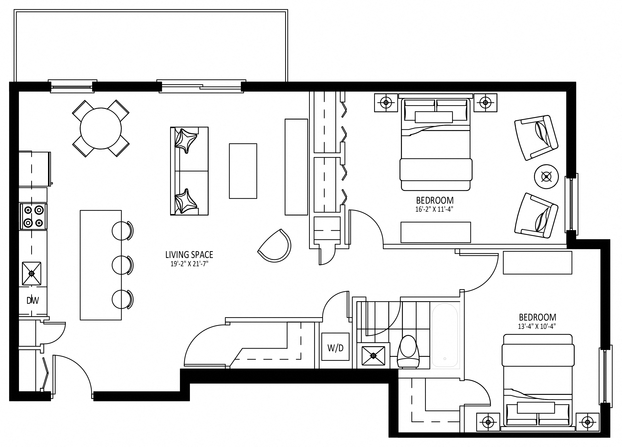 Floor plan for 2 beds, 1 bath, 990 sqft